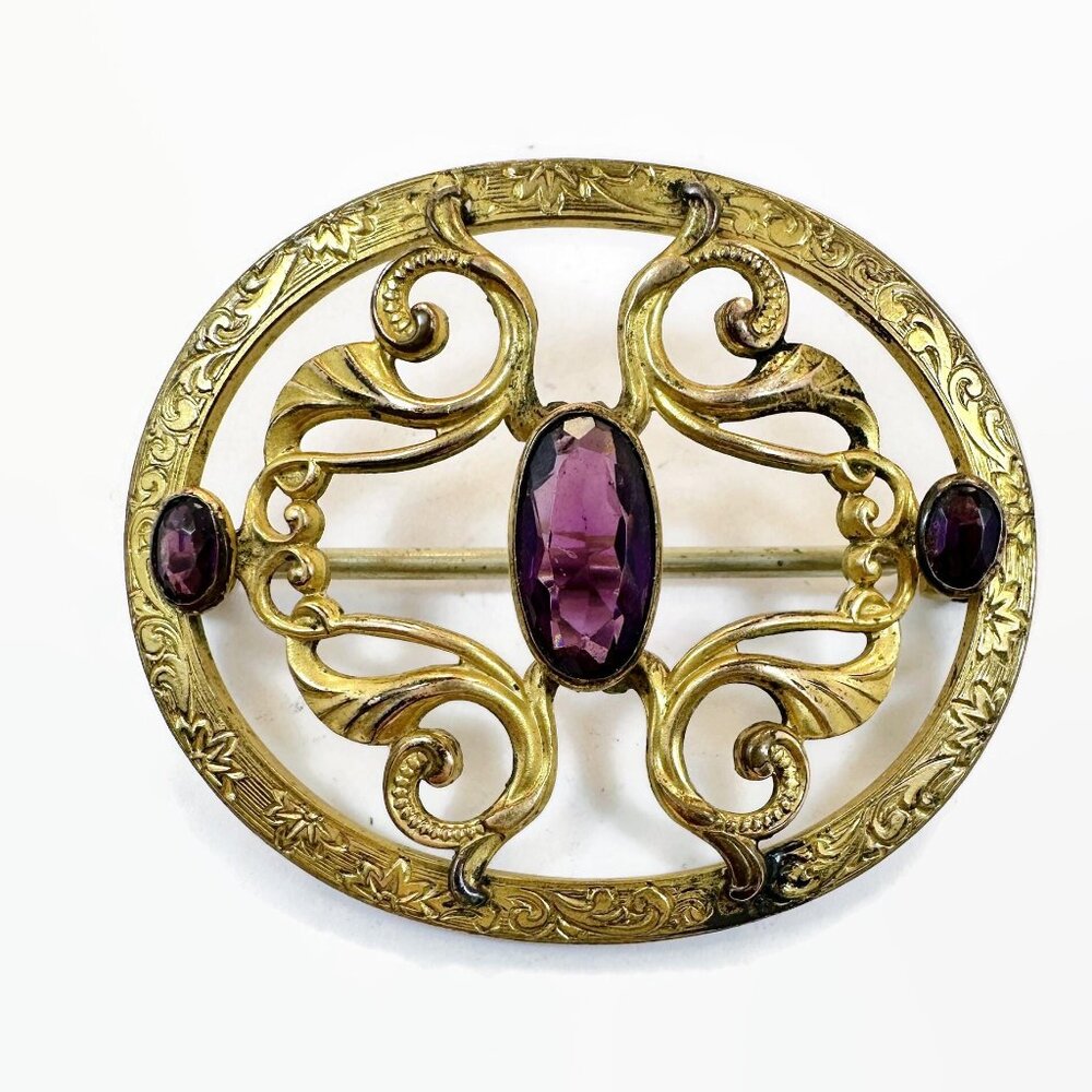 Antique Victorian Brooch, Gold Gilt, Purple Glass, Sash Pin, Vintage